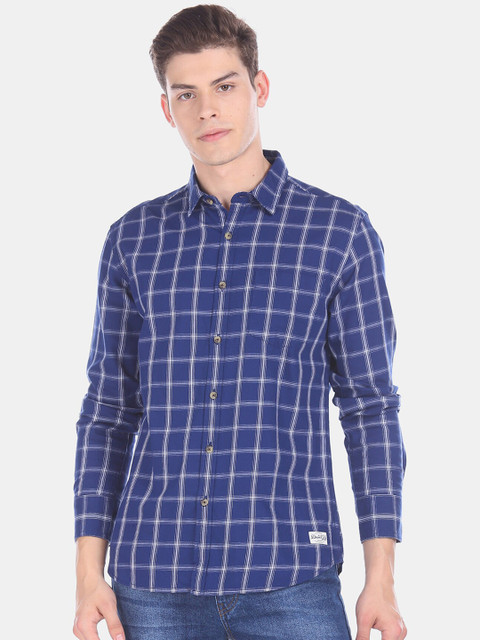 

Flying Machine Men Blue Regular Fit Checked Cotton Casual Shirt