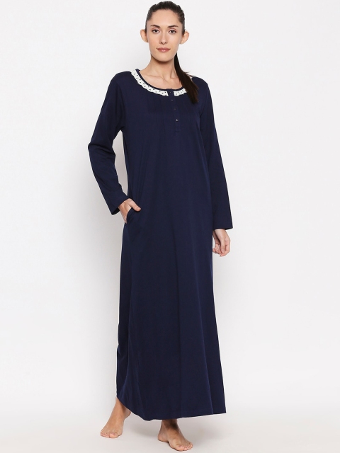 XIN Women Navy Blue Solid Maxi Night Dress