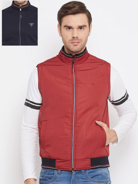 

Okane Men Red & Navy Blue Reversible Bomber Jacket