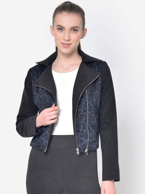 

Martini Women Black Animal Printed Woollen Asymmetric Closure Open Front Jacket