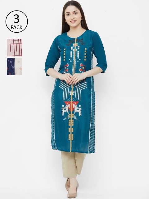 

7Threads Women Pack Of 3 Multicoloured Embroidered Straight Kurta, Blue