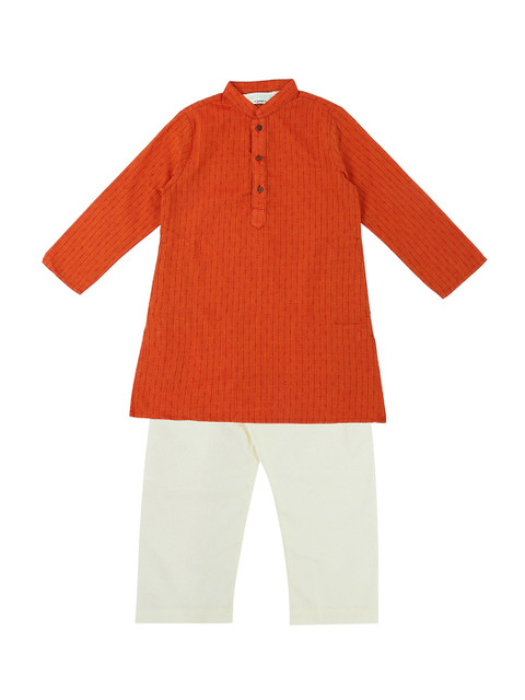 

indus route by Pantaloons Boys Rust Red Thread Work Pure Cotton Kurta with Pyjamas