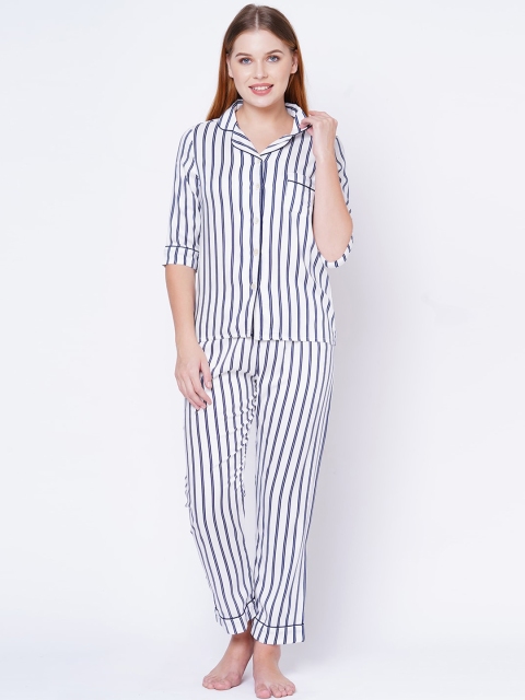 

Sweet Dreams Women Navy Blue & White Striped Night Suit