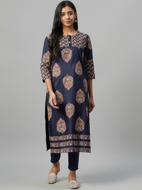 

ZIYAA Women Navy Blue Floral Printed Straight Kurta