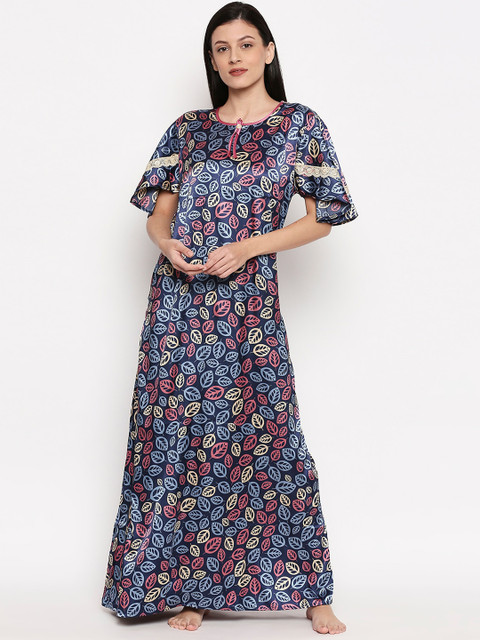 

XIN Women Blue & Red Printed Maxi Nightdress