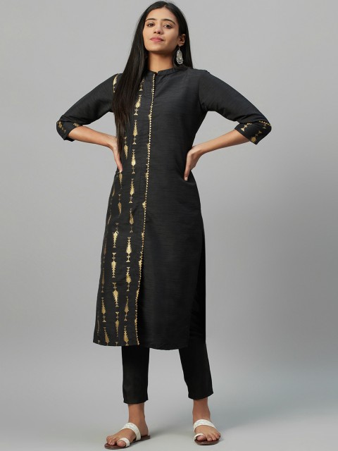 

ZIYAA Women Black Foil Printed A-Line Kurta