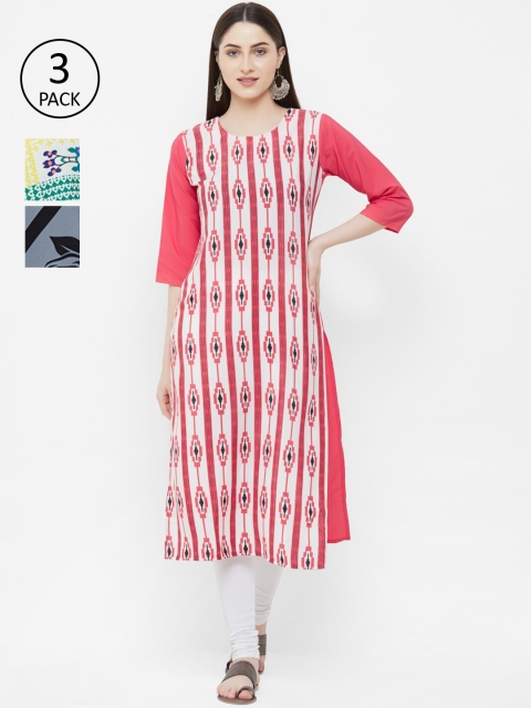 

7Threads Women Pack Of 3 Printed Straight Kurta, Pink