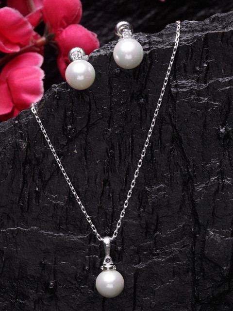 

Clara 92.5 Sterling Silver Rhodium-Plated White CZ-Studded & Pearl Jewellery Set
