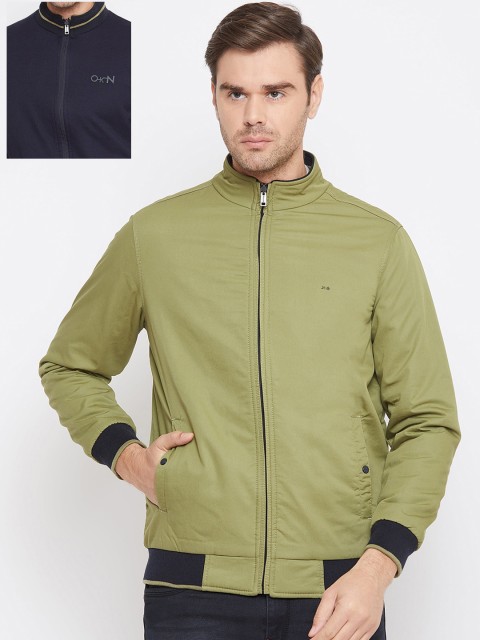 

Okane Men Olive Green & Navy Blue Solid Reversible Bomber Jacket