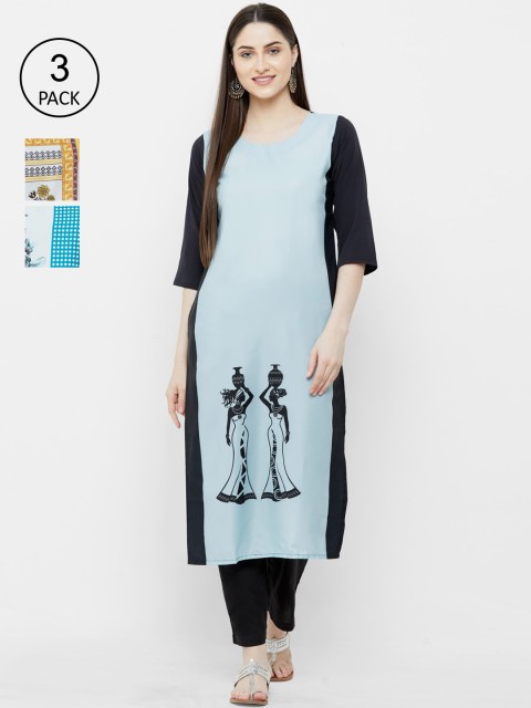 

7Threads Women Pack Of 3 Multicoloured Printed Straight Kurta, Blue
