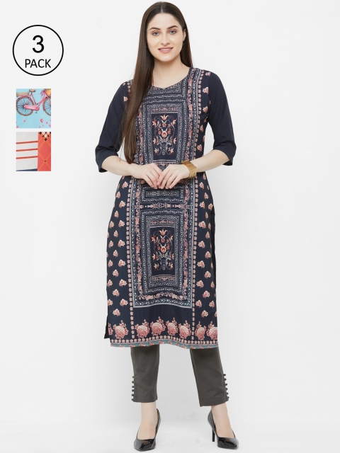 

7Threads Women Pack Of 3 Printed Straight Kurta, Navy blue