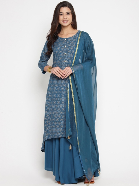 

Prakhya Women Blue Self Design Kurta with Skirt & Dupatta
