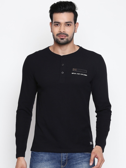 

Urban Ranger by pantaloons Men Black Solid Henley Neck Pure Cotton T-shirt
