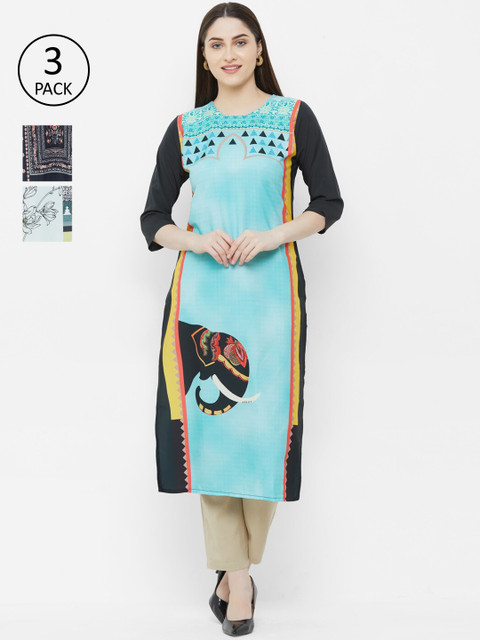 

7Threads Women Pack Of 3 Multicoloured Printed A-Line Kurta, Blue