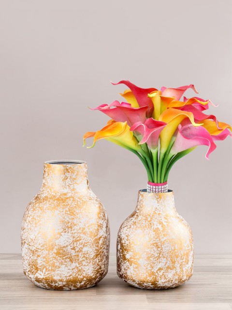 

Aapno Rajasthan Set of 2 Gold-Toned & White Printed Cylindrical Flower Vases