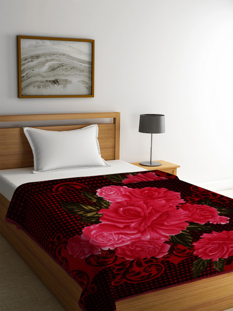 

NEUDIS Maroon & Black Floral Printed 500 GSM Mild Winter Single Bed Blanket