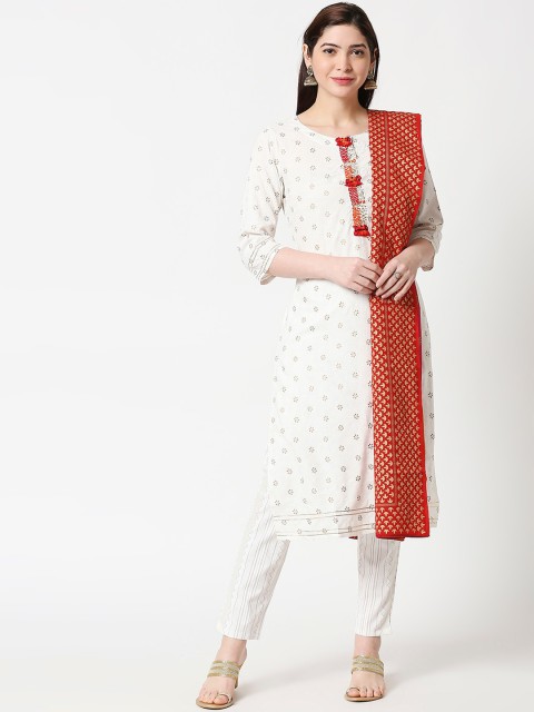 

ZRI Women White Printed & Embellished Kurta with Trousers & Dupatta