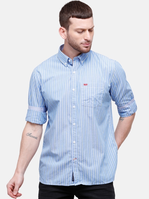 Double Two Men Blue Slim Fit Striped Casual Shirt