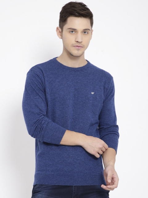 

t-base Men Blue Solid Round-Neck Pullover Sweater