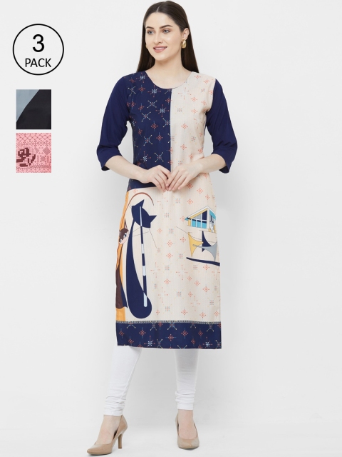 

7Threads Women Pack Of 3 Printed Straight Kurtas, Navy blue