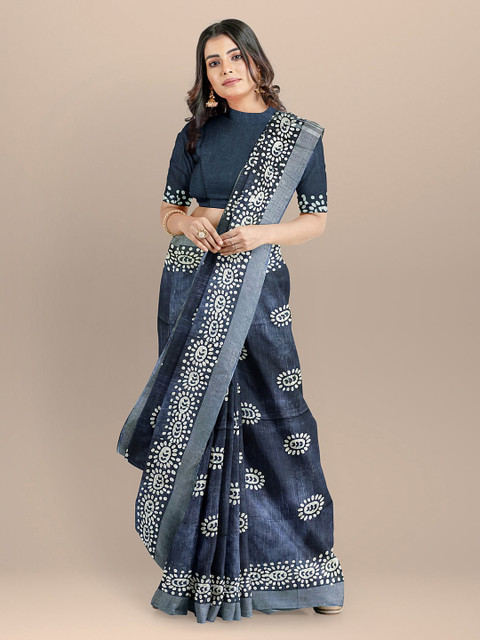 

BharatSthali Navy Blue & Off-White Silk Cotton Printed Venkatgiri Sustainable Saree