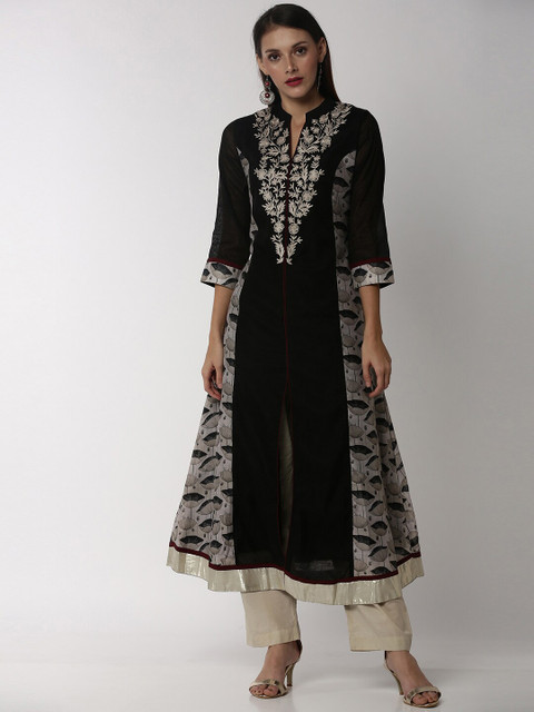 

Soch Women Navy Blue & Off-White Embroidered A-Line Kurta