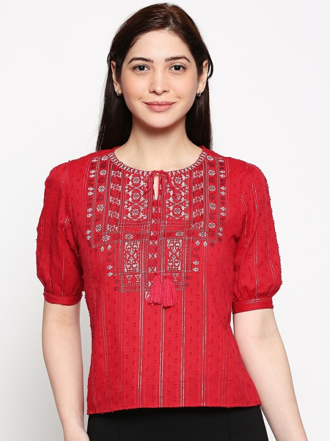 People Women Red Self Design Top
