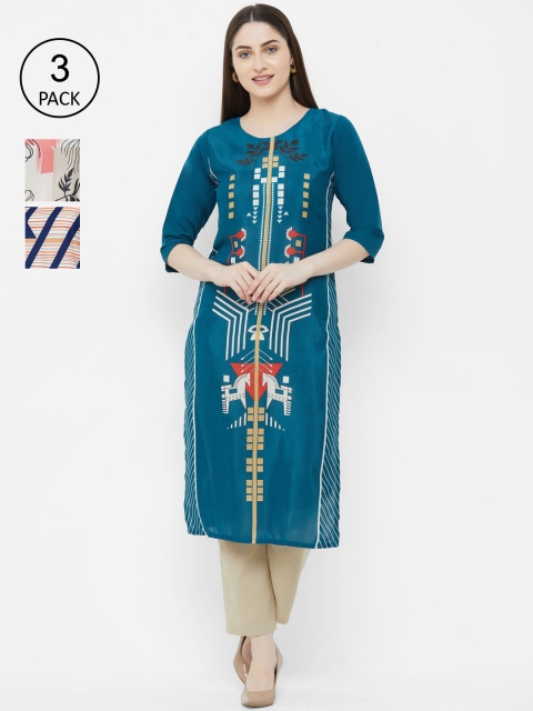 

7Threads Women Pack Of 3 Printed Straight Kurta, Navy blue