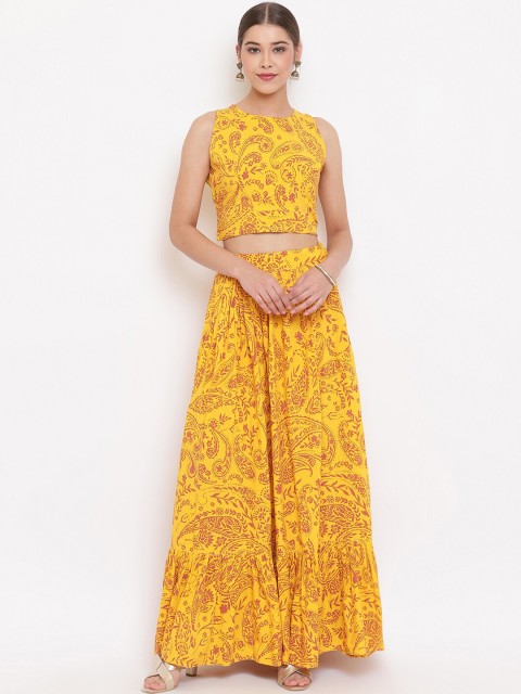 

Janasya Women Mustard Yellow & Pink Paisley Printed Clothing Set