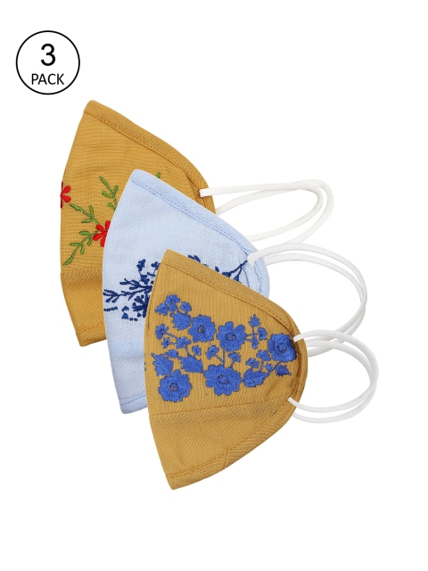 

EMAHO Women Pack Of 3 Embroidered 3-Ply Reusable Anti-Pollution Cotton Masks, Yellow