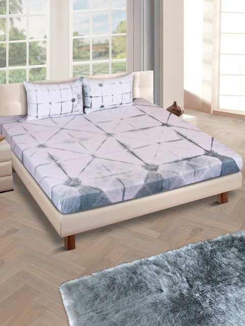 

ROMEE Blue & White Tie & Dye Printed 300 TC Cotton Double Bedsheet With 2 Pillow Covers