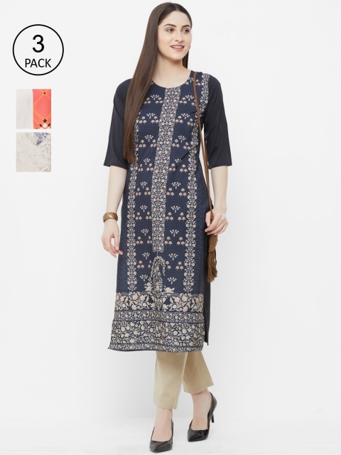 

7Threads Women Pack Of 3 Printed Straight Kurta, Navy blue
