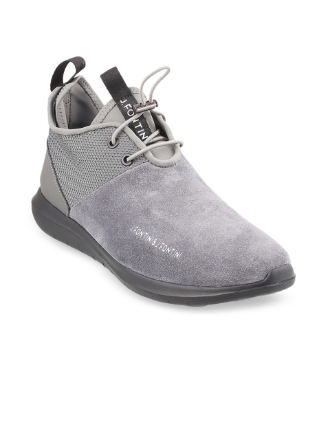 

J.FONTINI Men Grey Solid Leather Mid-Top Flat Boots