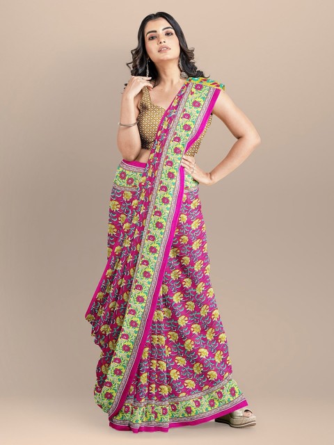 

BharatSthali Pink & Yellow Pure Cotton Printed Bagru Sustainable Saree