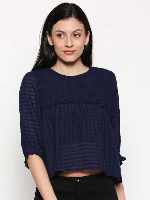 

People Women Navy Blue Self Design Crop Top