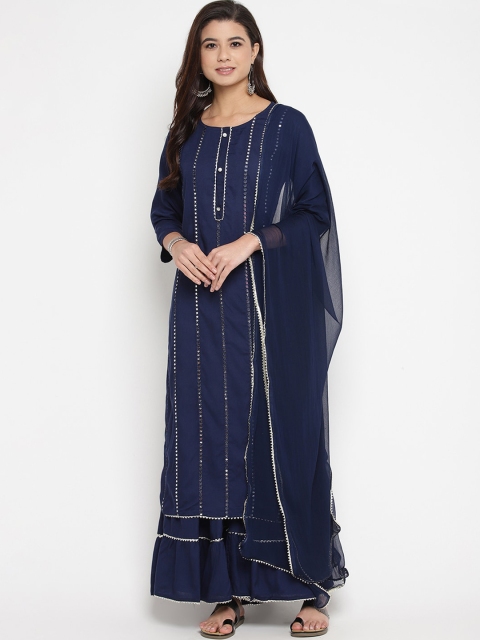 Prakhya Women Blue Embroidered Kurti with Sharara & Dupatta