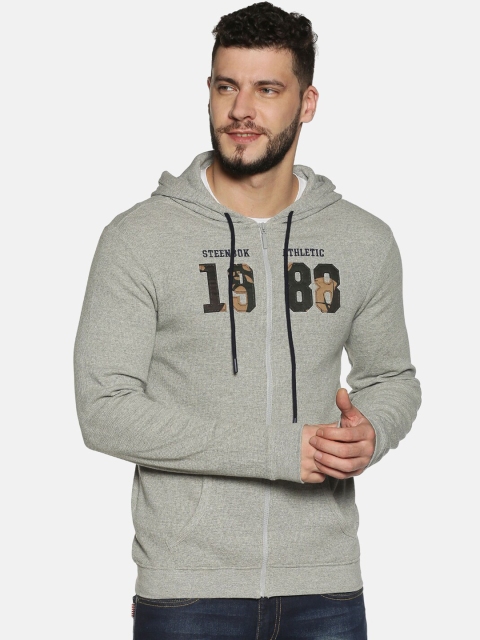 

Steenbok Men Grey Melange & Olive Green Embroidered Hooded Sweatshirt