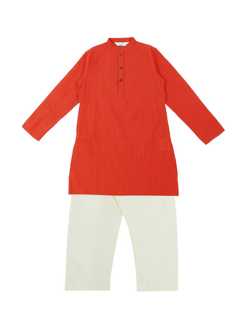 

indus route by Pantaloons Boys Red & White Woven Design Cotton Kurta with Pyjamas