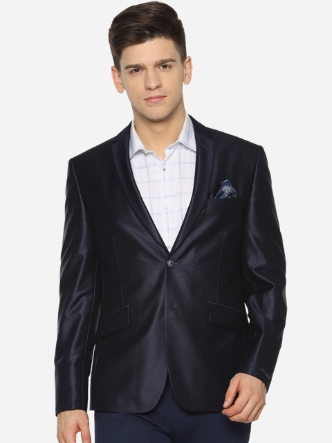 

V Dot Men Navy Blue Self Design Slim-Fit Single-Breasted Formal Blazer