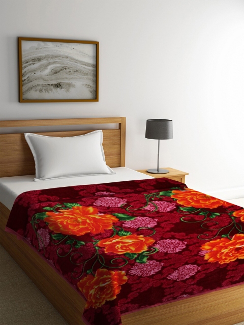 

NEUDIS Maroon & Orange Floral Printed Heavy Winter Single Blanket