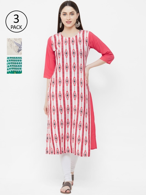 

7Threads Pack Of 3 Women Multicoloured Printed Straight Kurta, Pink