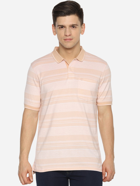 

Louis Philippe Men Peach-Coloured Striped Polo Collar T-shirt