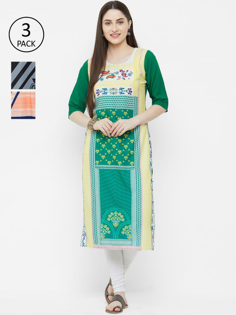 

7Threads Women Pack Of 3 Printed Straight Kurtas, Green