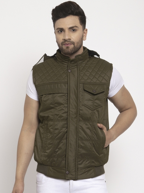 KLOTTHE Men Olive Green Solid Windcheater Quilted Jacket