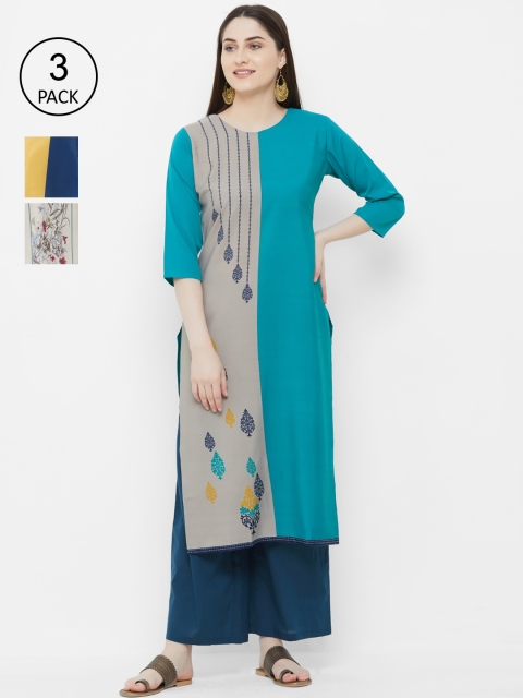 

7Threads Women Pack Of 3 Printed Straight Kurtas, Blue