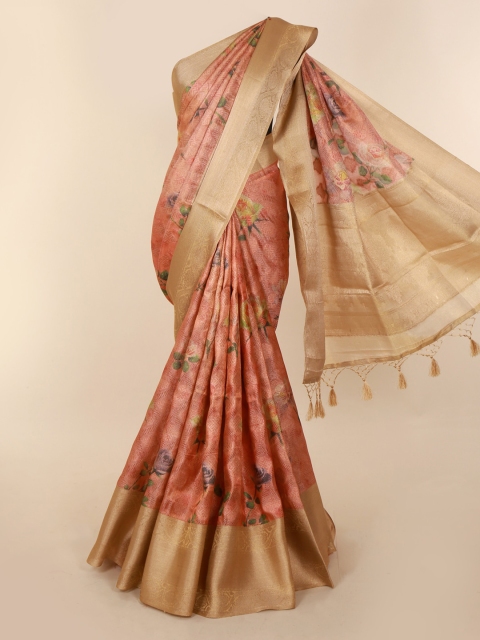 

Pothys Peach-Coloured & Gold-Toned Cotton Blend Printed Saree