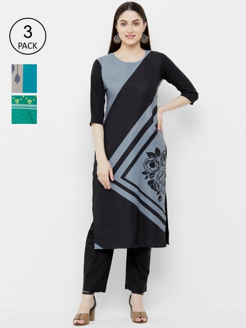 

7Threads Women Pack Of 3 Printed Straight Kurtas, Navy blue