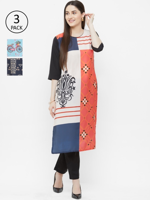 

7Threads Women Pack Of 3 Printed Straight Kurtas, Blue