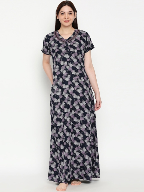 

XIN Women Navy Blue & Grey Printed Maxi Nightdress