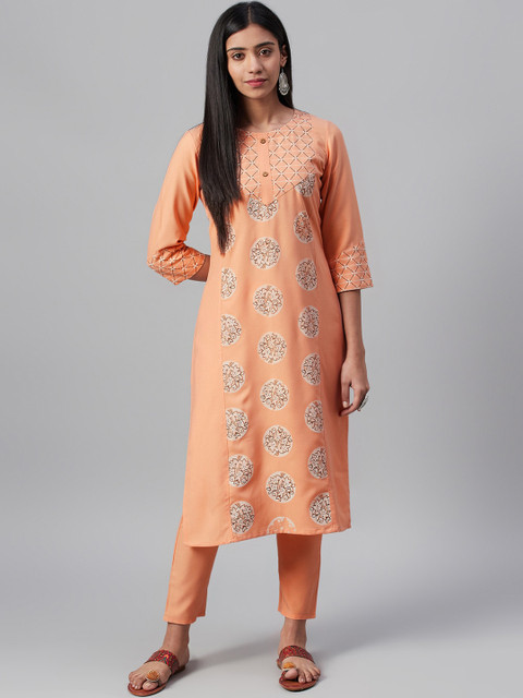 

ZIYAA Women Peach-Coloured Khari Print Straight Kurta